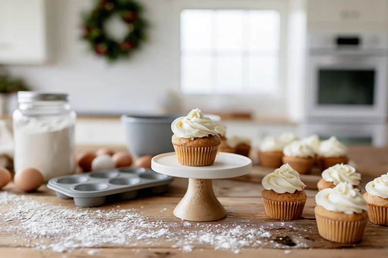 Frosted cupcakes on a wooden kitchen table with baking ingredients and holiday wreath in background