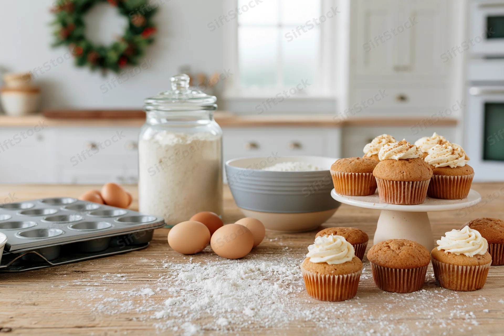 Freshly baked muffins with frosting on a wooden countertop in a kitchen decorated for christmas