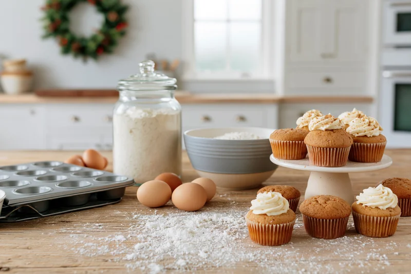 Freshly baked muffins with frosting on a wooden countertop in a kitchen decorated for christmas