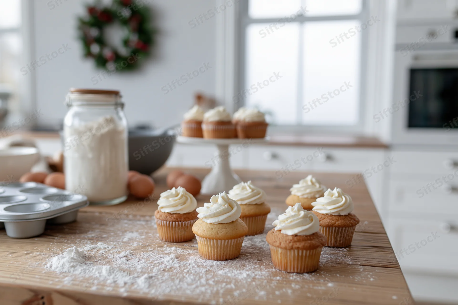 Cupcakes with white frosting on a wooden kitchen table surrounded by baking ingredients and holiday decor