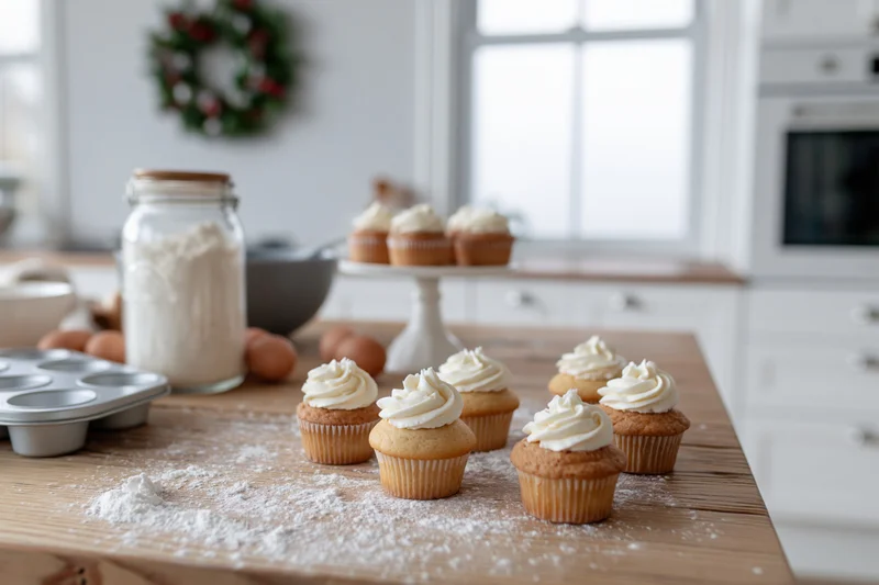 Cupcakes with white frosting on a wooden kitchen table surrounded by baking ingredients and holiday decor