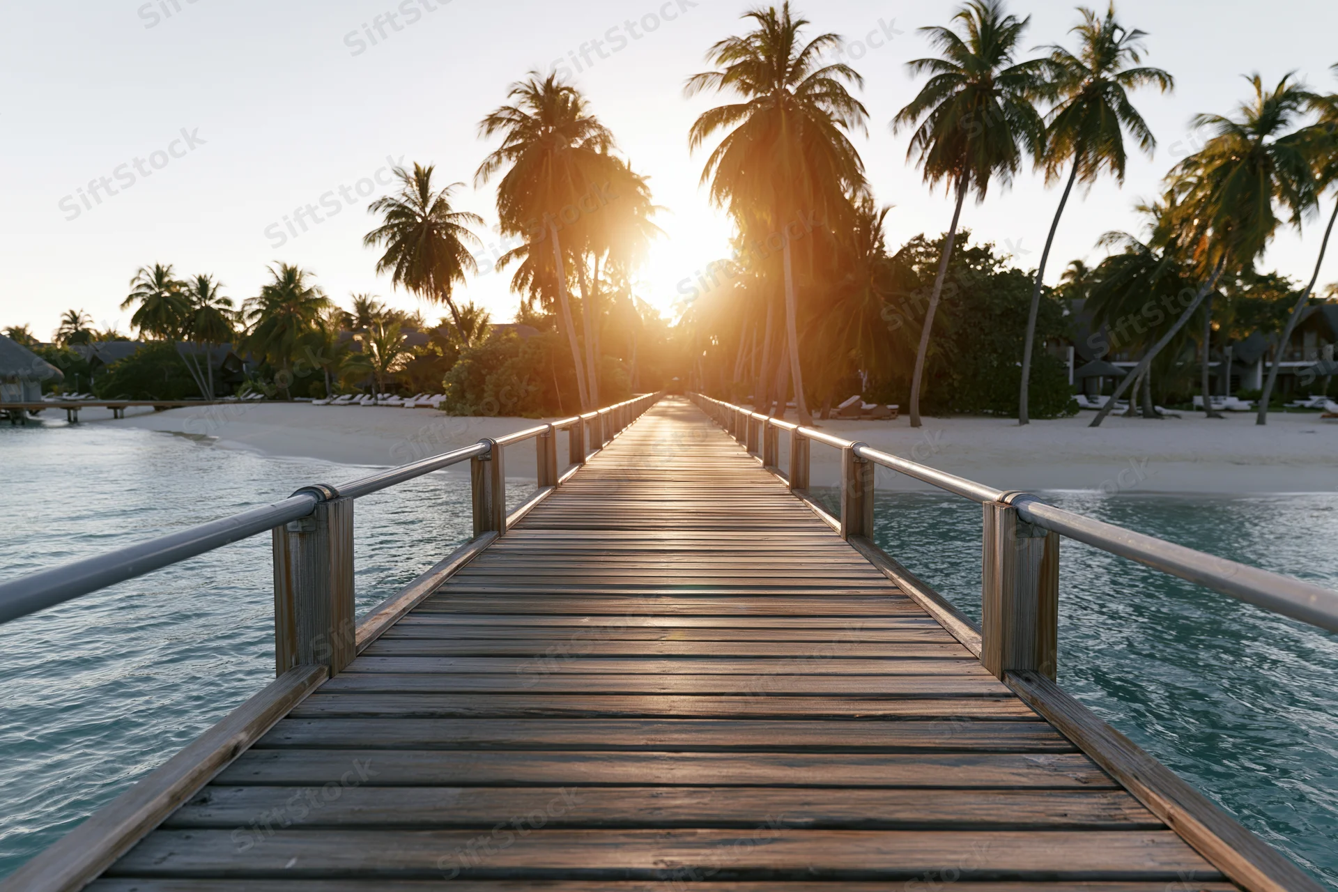 Wooden pier extending over calm ocean toward tropical beach at sunset