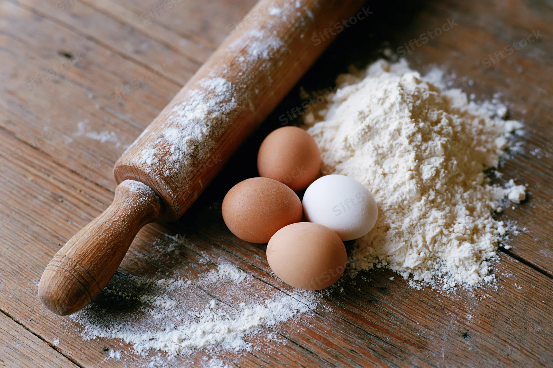 Flour, eggs and a wooden rolling pin arranged on a rustic wooden table for baking