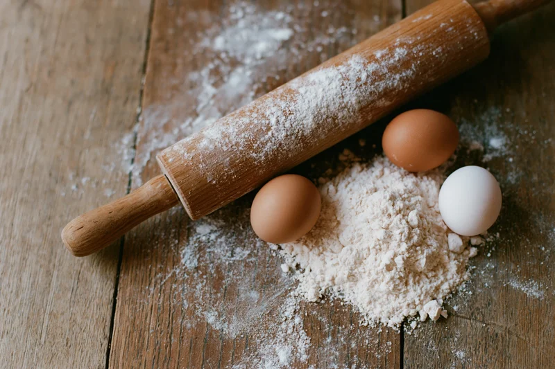 Wooden rolling pin and eggs with flour on a rustic kitchen table
