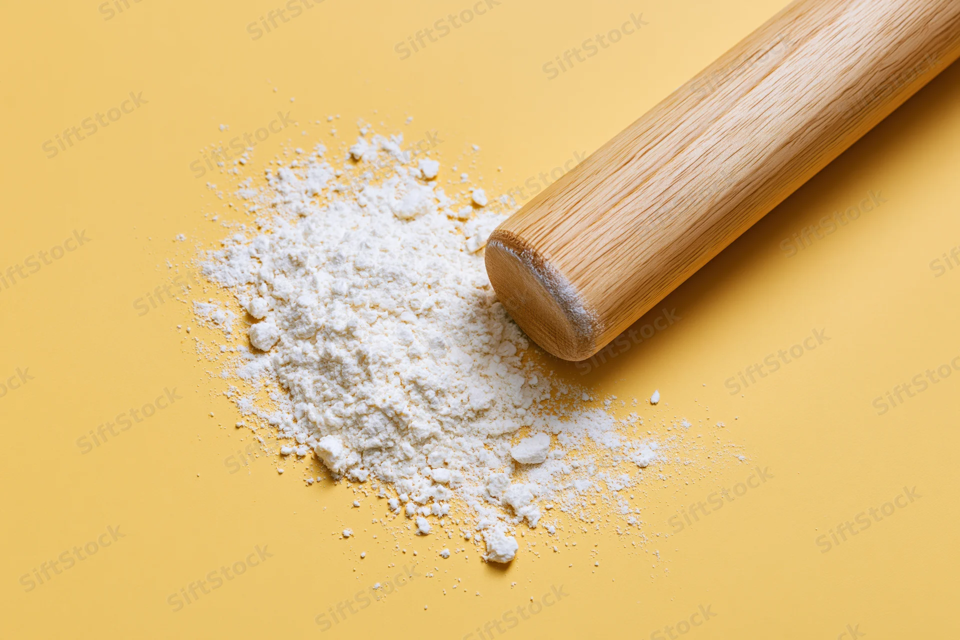 Wooden rolling pin resting beside a pile of white flour on a yellow surface