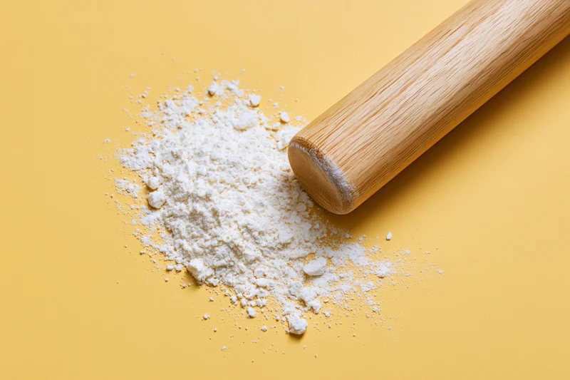 Wooden rolling pin resting beside a pile of white flour on a yellow surface