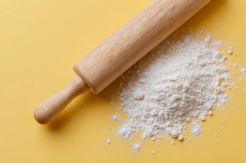 Wooden rolling pin resting beside a mound of white flour on a yellow surface