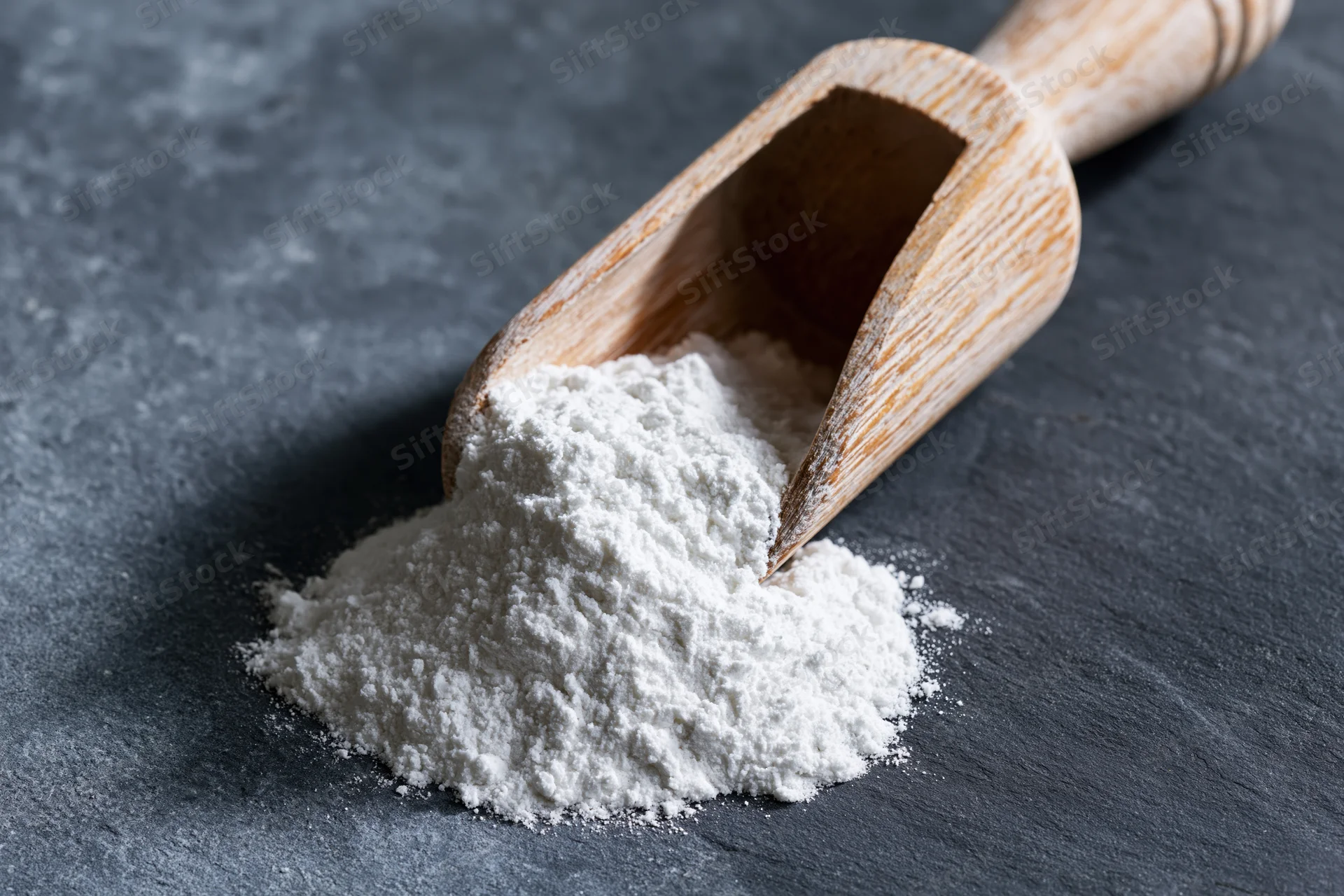 White flour spilling from a wooden scoop onto a dark slate surface