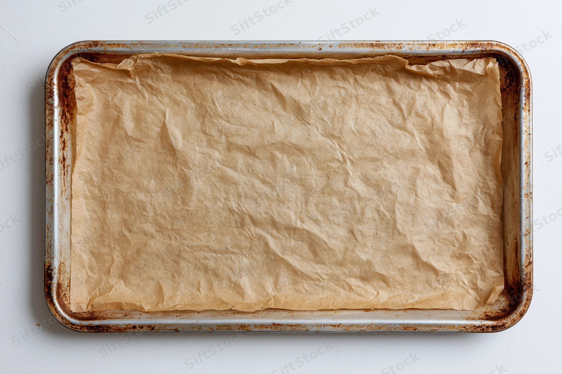 Rectangular metal baking tray lined with crumpled parchment paper on white surface