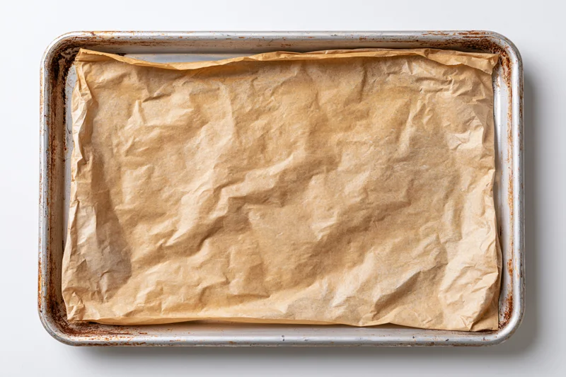 Parchment paper lining a metal baking pan on a white surface