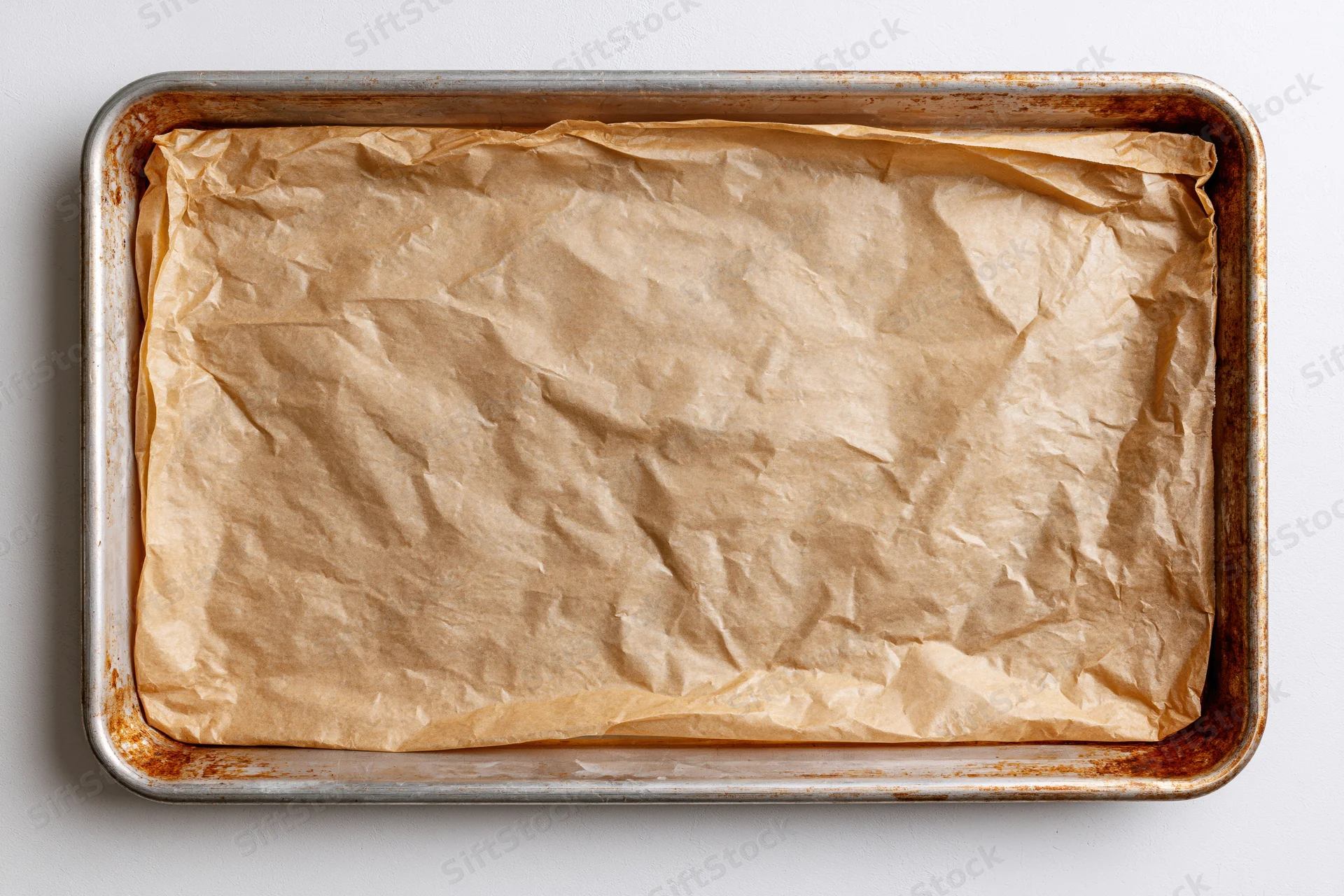 Parchment paper lining a metal baking pan on a white surface