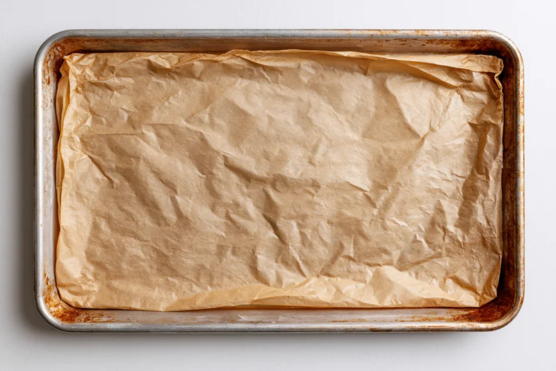 Parchment paper lining a metal baking pan on a white surface