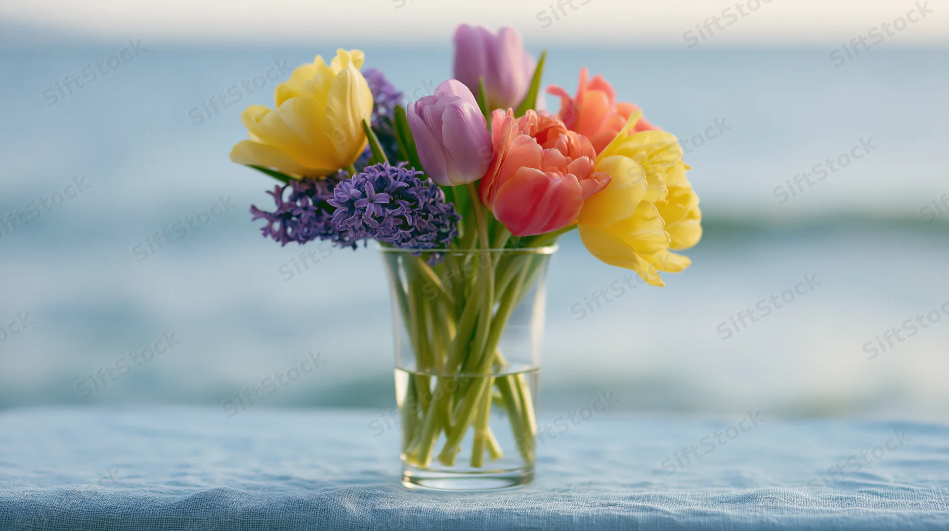 Colorful spring flowers in a glass vase on a table by the ocean