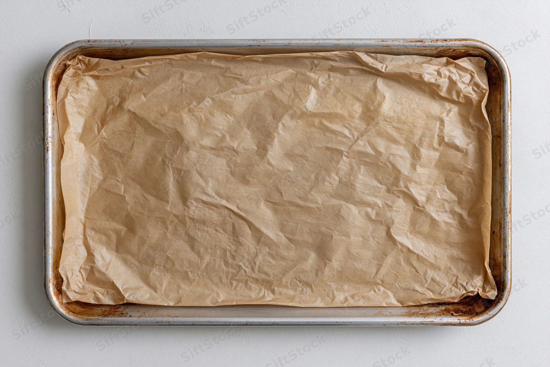 Rectangular metal baking tray lined with crumpled brown parchment paper on white surface