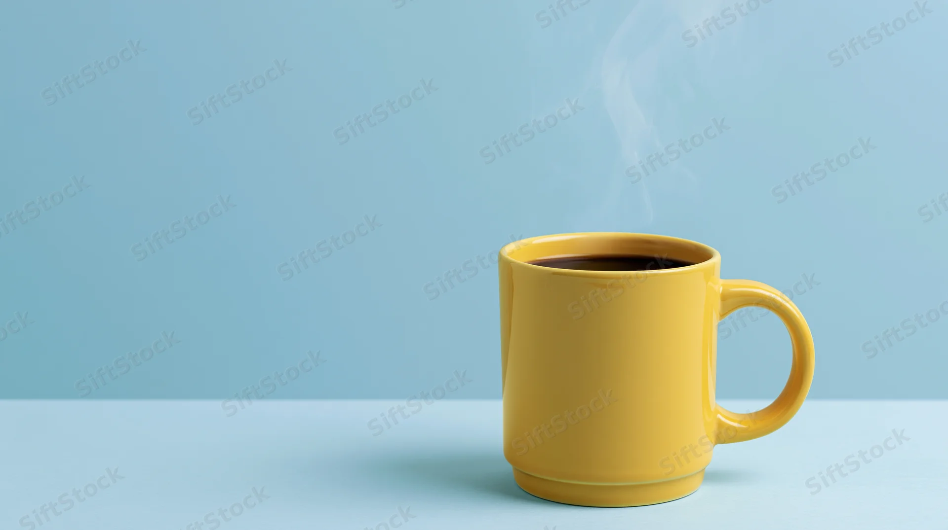 Yellow ceramic mug filled with steaming coffee on a blue surface