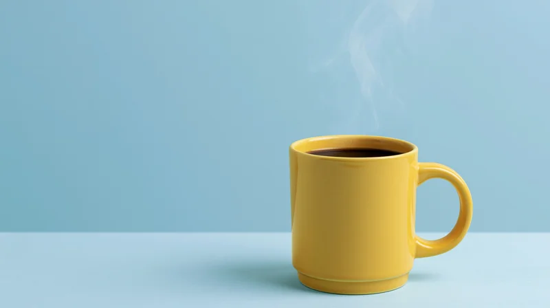 Yellow ceramic mug filled with steaming coffee on a blue surface