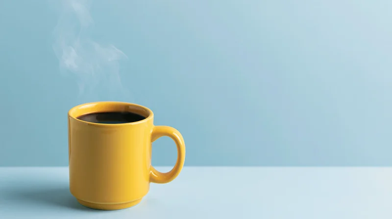 Yellow ceramic mug filled with steaming coffee on a blue surface with copyspace