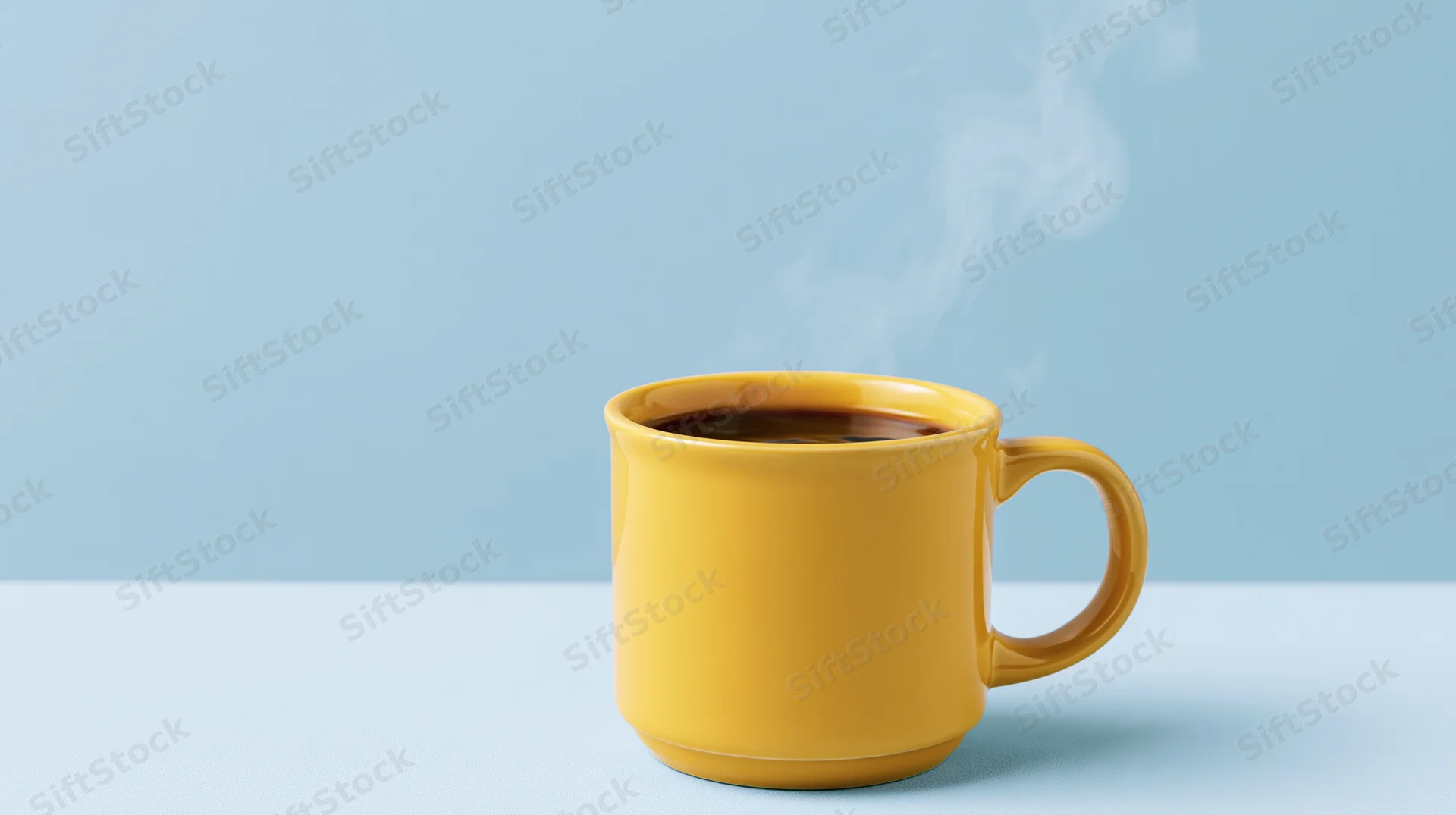 Yellow ceramic mug filled with steaming coffee on a blue surface
