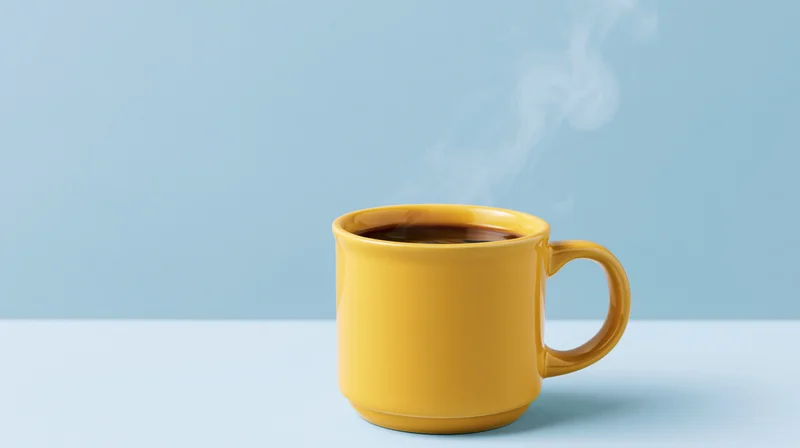 Yellow ceramic mug filled with steaming coffee on a blue surface
