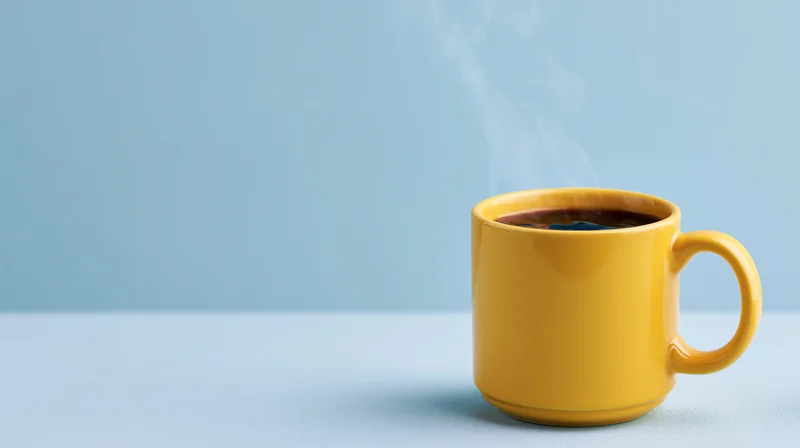 Yellow ceramic mug filled with steaming coffee on a blue surface