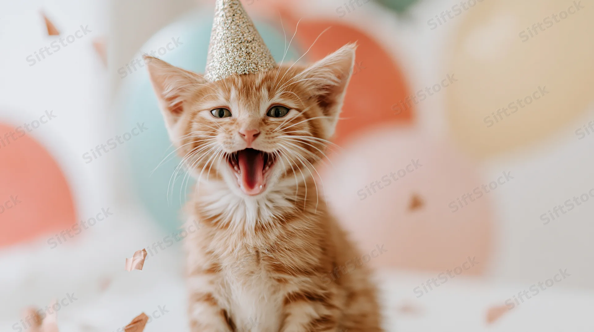 Ginger kitten wearing a glitter party hat with mouth open amidst falling confetti and balloons