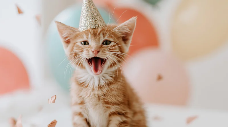 Ginger kitten wearing a glitter party hat with mouth open amidst falling confetti and balloons