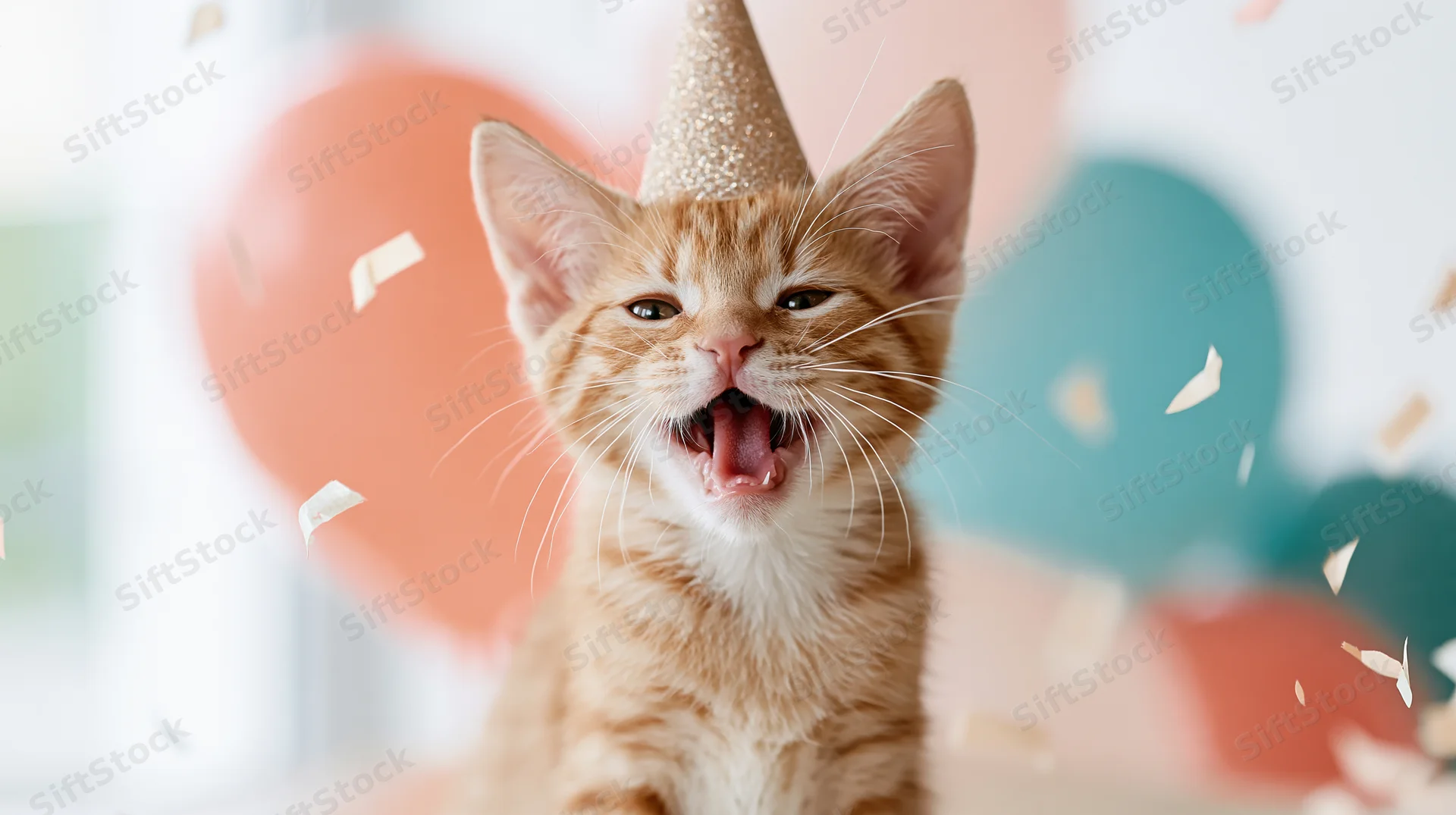Ginger kitten wearing a sparkly party hat with confetti falling around it in front of blurred balloons