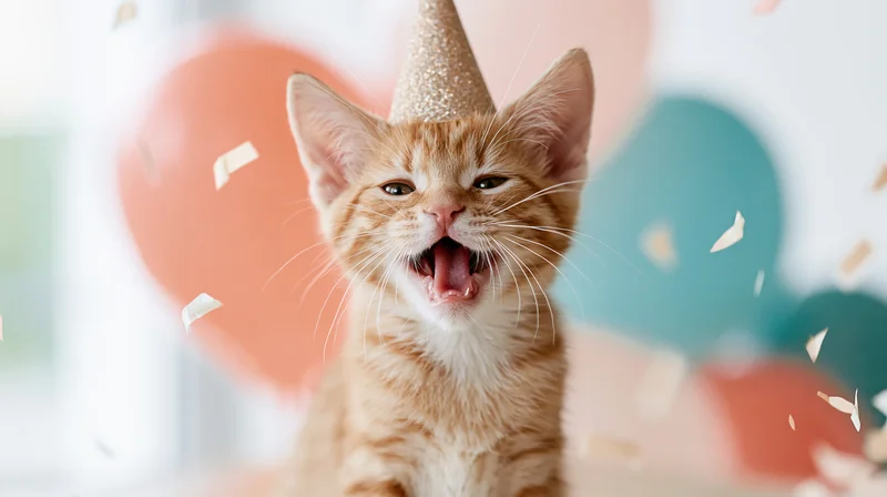 Ginger kitten wearing a sparkly party hat with confetti falling around it in front of blurred balloons