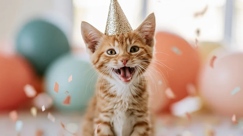 Orange tabby kitten wearing a glittery party hat with confetti and balloons in the background