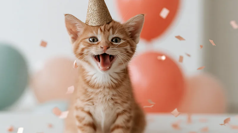 Orange kitten wearing a gold party hat with confetti and balloons in the background