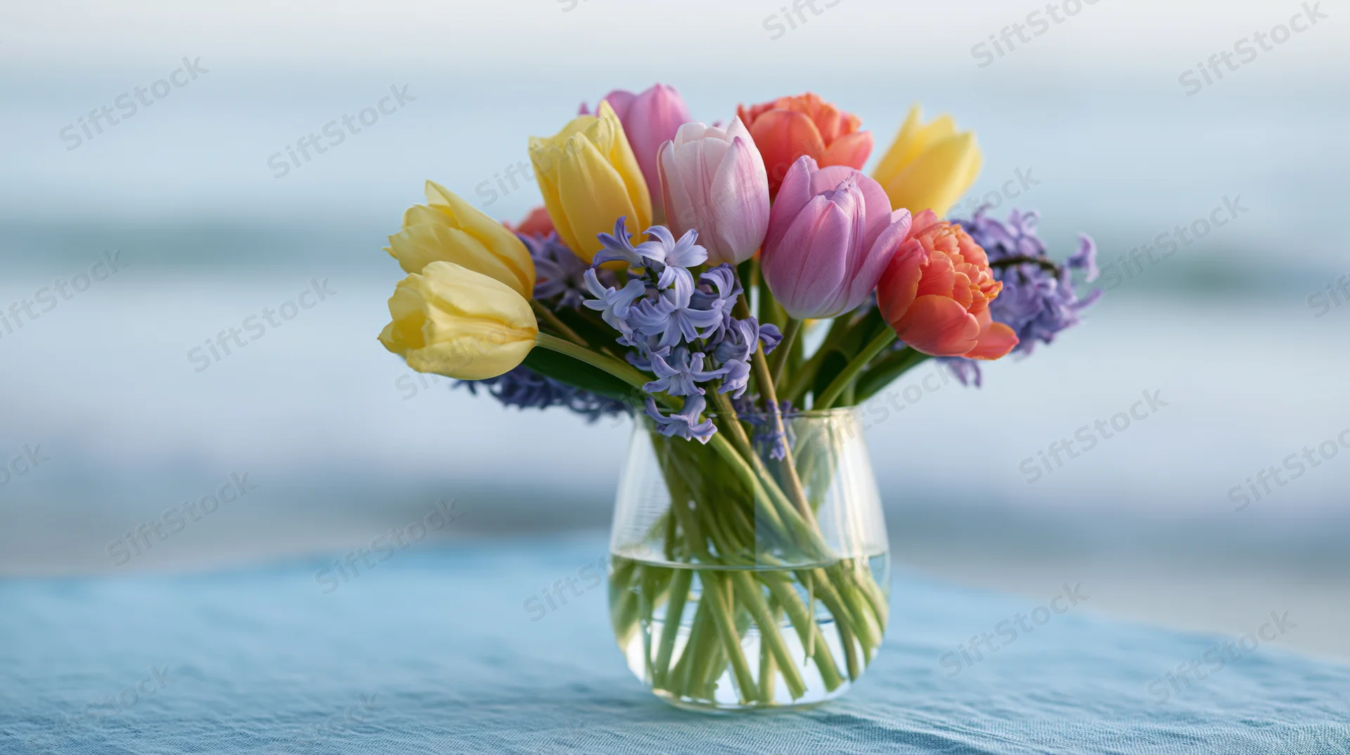 Colorful spring bouquet of tulips and hyacinths in a glass vase on a blue cloth table with blurred background