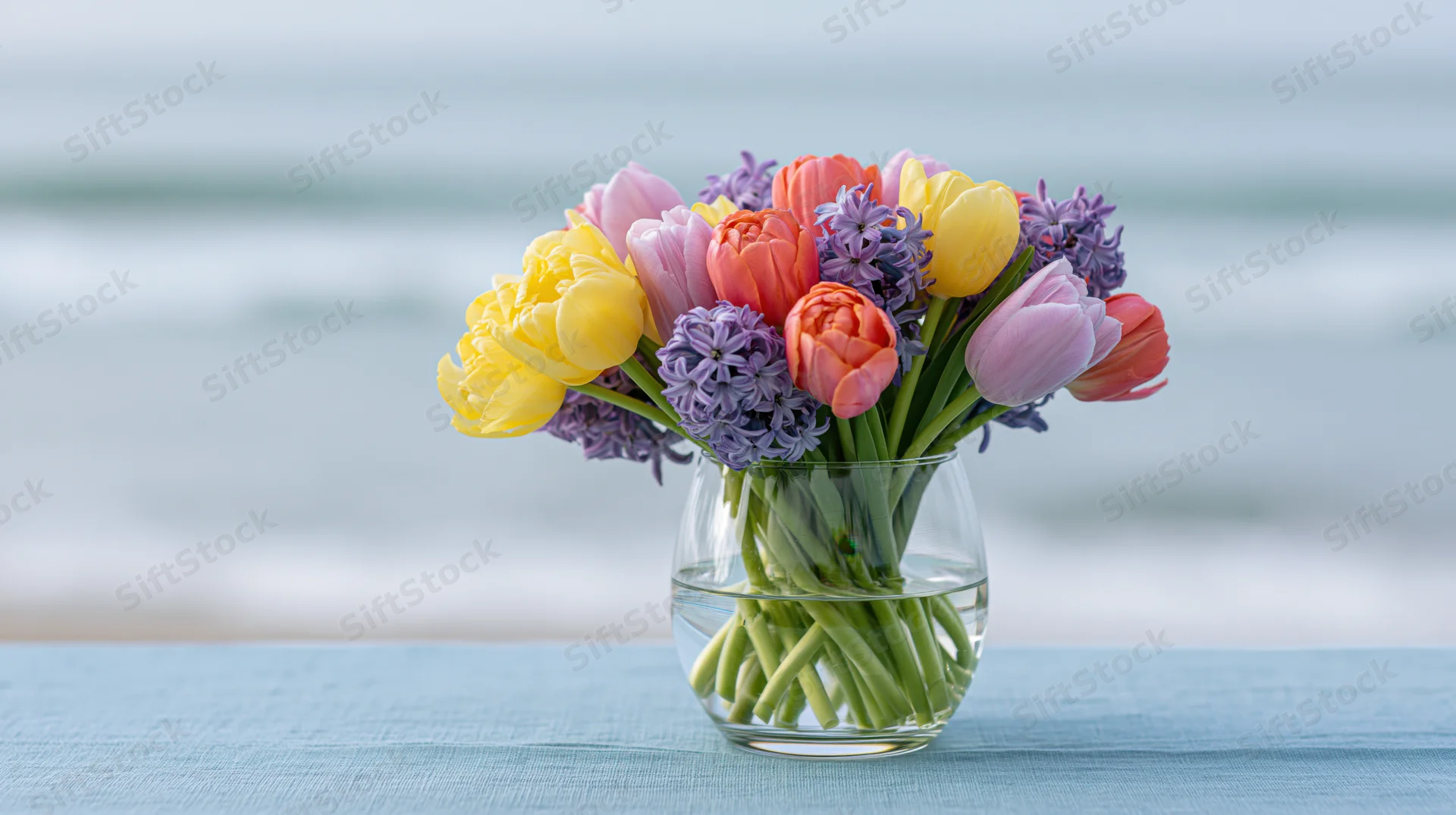 Colorful spring bouquet of tulips and hyacinths in a glass vase on a blue table by the ocean
