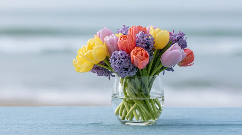 Colorful spring bouquet of tulips and hyacinths in a glass vase on a blue table by the ocean