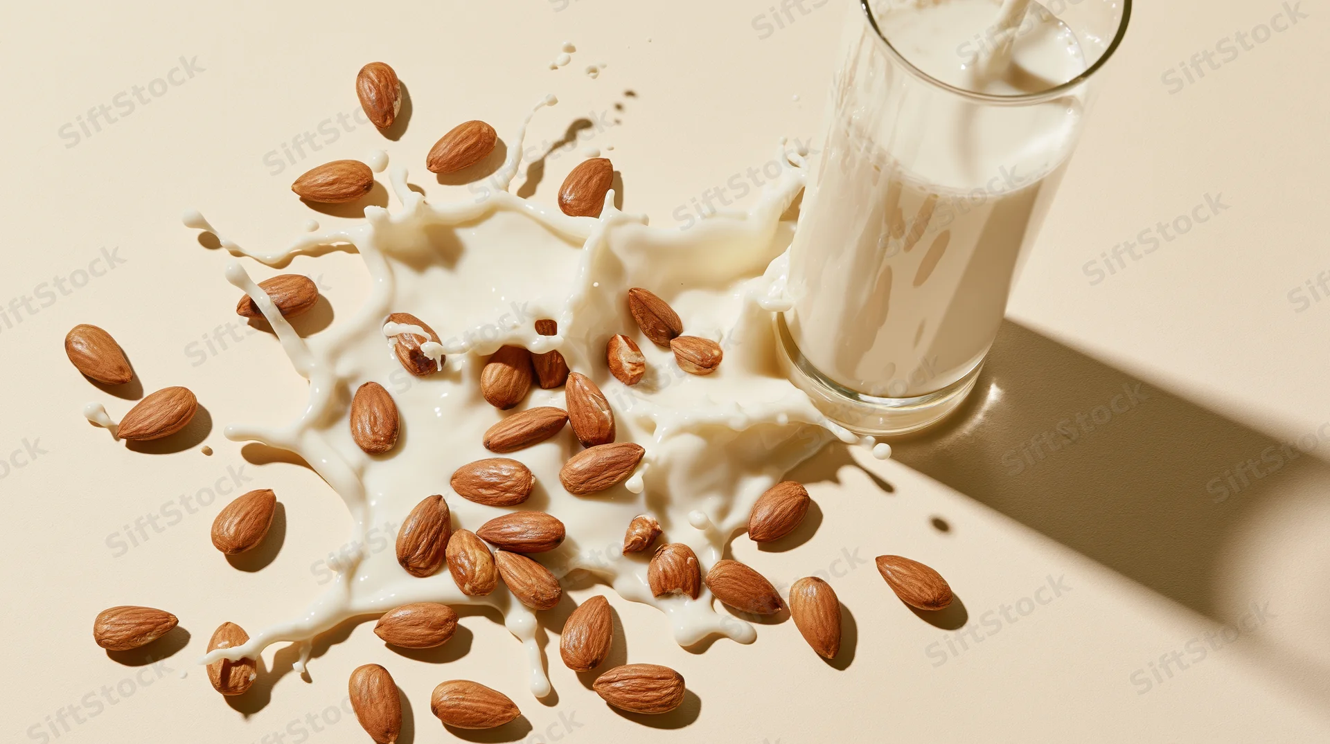 Almond milk splashing from a glass onto a beige surface with scattered almonds