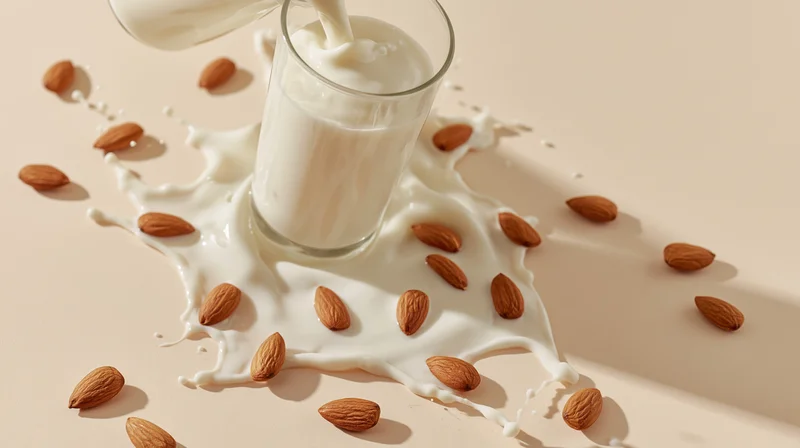Almond milk being poured into a glass with scattered almonds and splashes on a beige surface