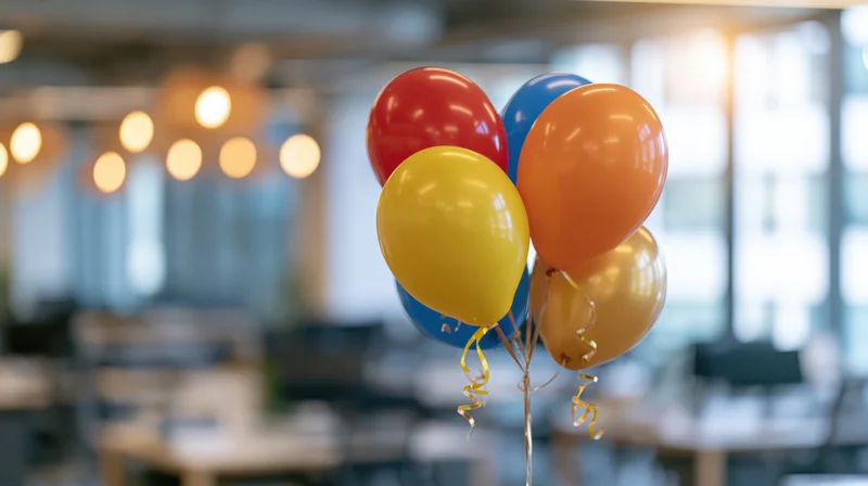 Colorful balloons tied together in an office interior with blurred furniture and lights in the background