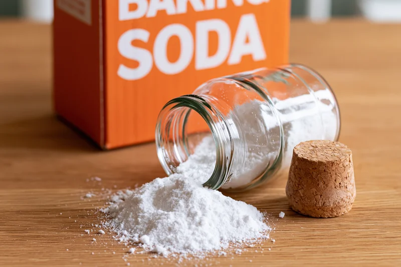 Spilled baking soda powder from a glass jar on a wooden kitchen countertop with cork and orange box in background