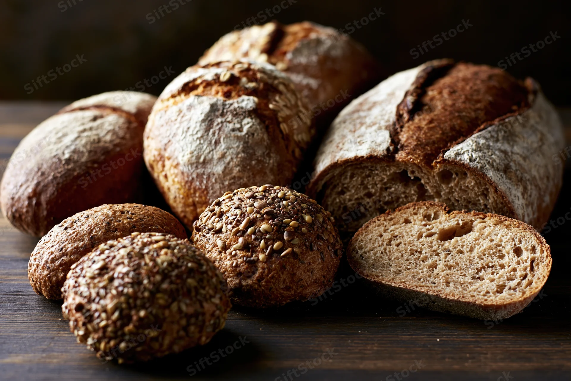 Assorted artisan bread loaves and rolls arranged on a dark wooden table