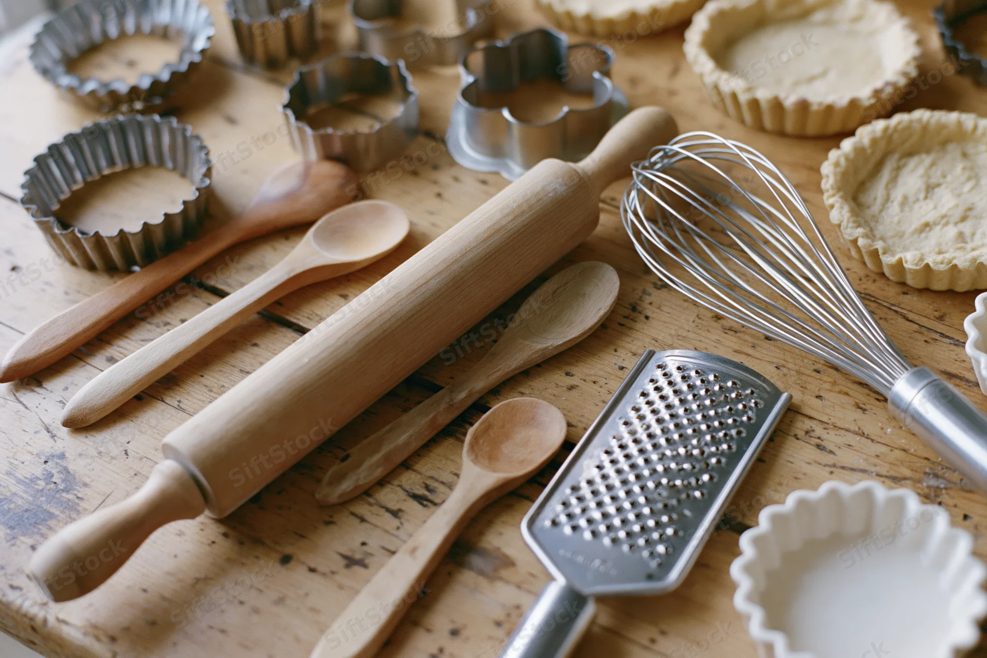 Baking utensils arranged on a wooden table with dough in tart molds