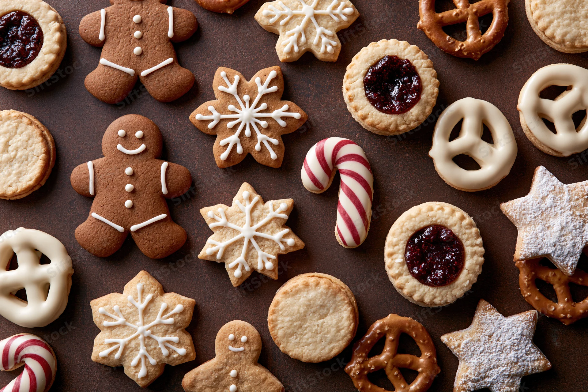 Assorted christmas cookies including gingerbread men, snowflakes, pretzels, and candy canes arranged on a dark surface
