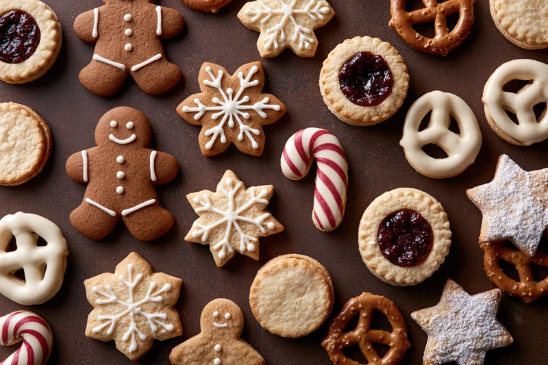 Assorted christmas cookies including gingerbread men, snowflakes, pretzels, and candy canes arranged on a dark surface