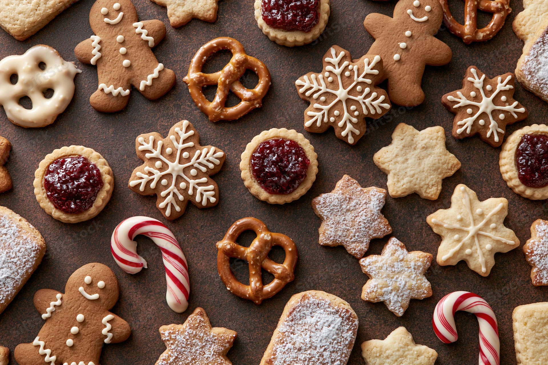 Assorted christmas cookies including gingerbread men, snowflakes, pretzels, and candy canes arranged on dark surface