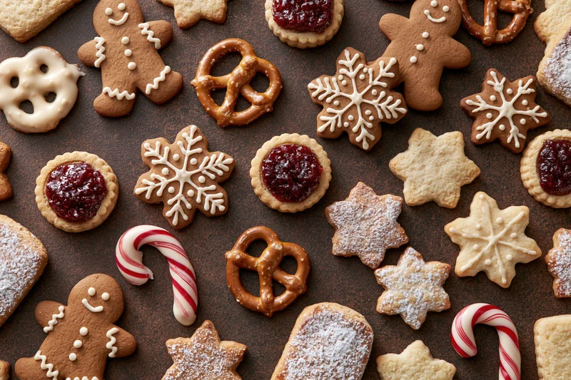 Assorted christmas cookies including gingerbread men, snowflakes, pretzels, and candy canes arranged on dark surface