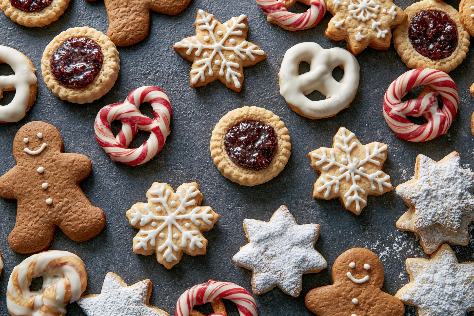 Assorted christmas cookies arranged on dark surface including gingerbread men, snowflakes, pretzels, and candy canes with icing and jam fillings