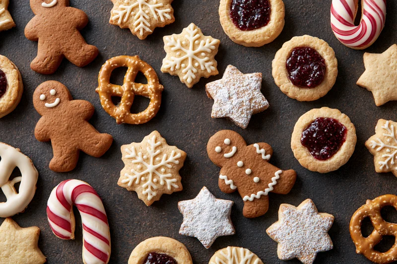 Assorted christmas cookies and candy arranged on dark surface