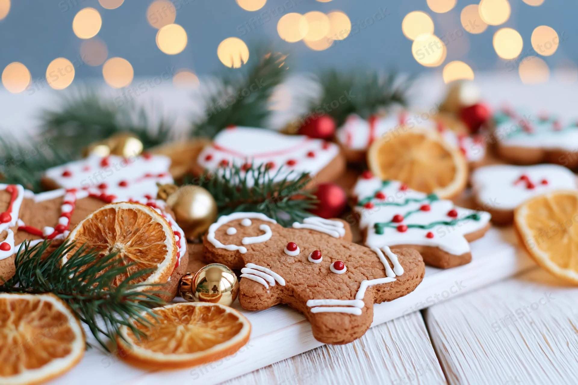 Gingerbread cookies decorated with icing and festive ornaments arranged on a wooden tray with dried orange slices and pine sprigs, set against warm bokeh lights
