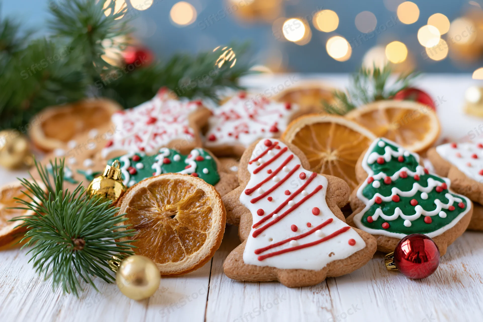 Gingerbread cookies shaped like christmas trees and stars decorated with icing and sprinkles on a wooden table with pine branches, dried orange slices, and holiday ornaments around