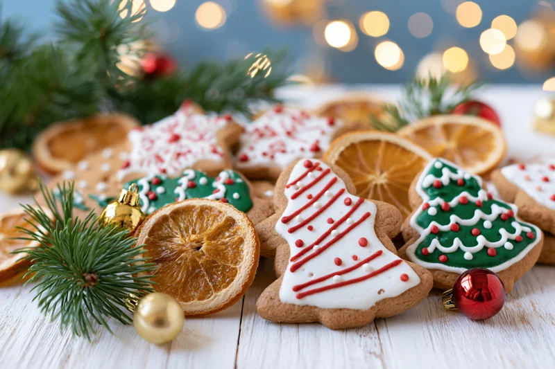 Gingerbread cookies shaped like christmas trees and stars decorated with icing and sprinkles on a wooden table with pine branches, dried orange slices, and holiday ornaments around