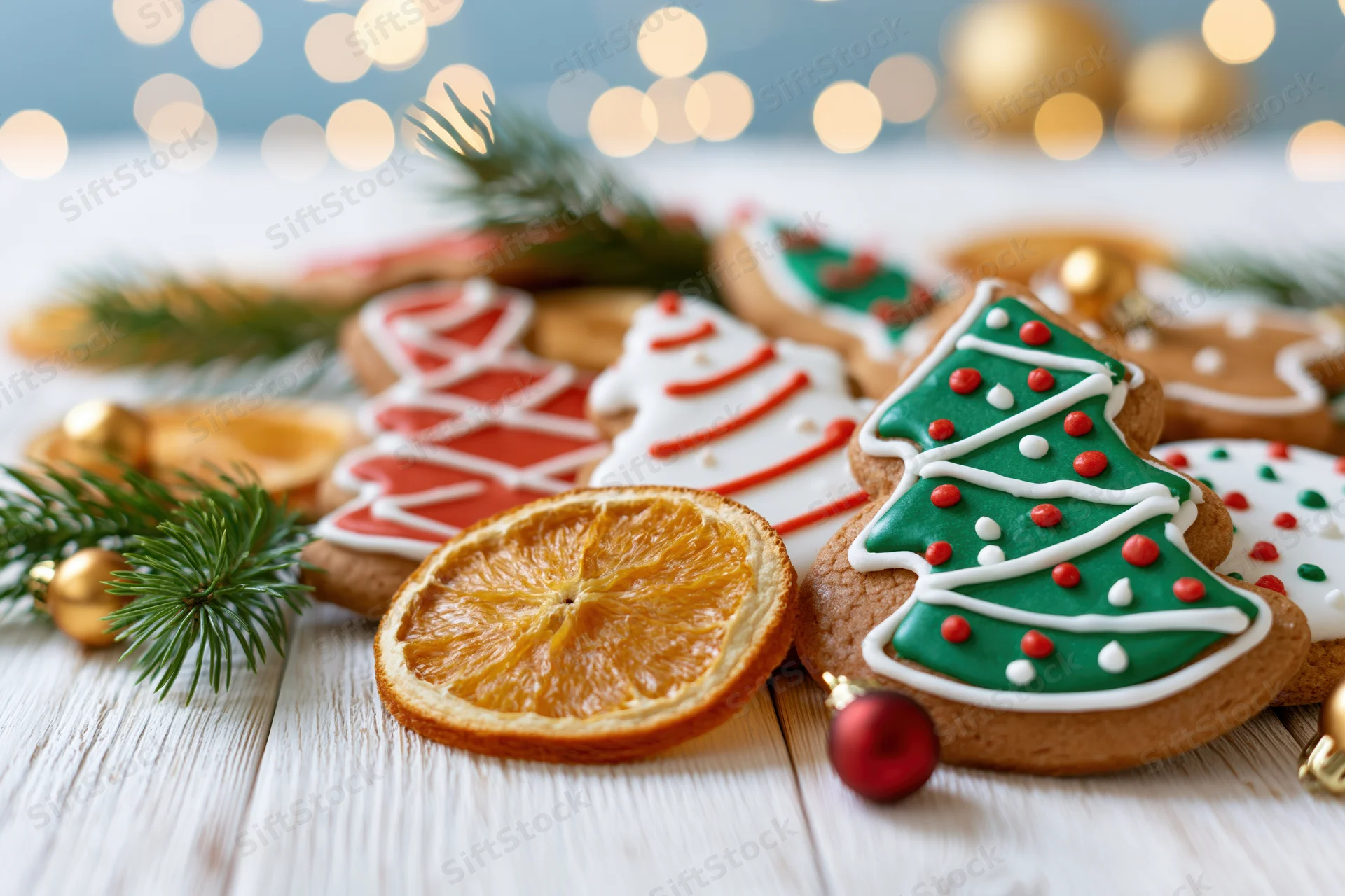 Gingerbread cookies shaped like christmas trees with icing and dried orange slices on a wooden table with holiday decorations and bokeh lights in the background