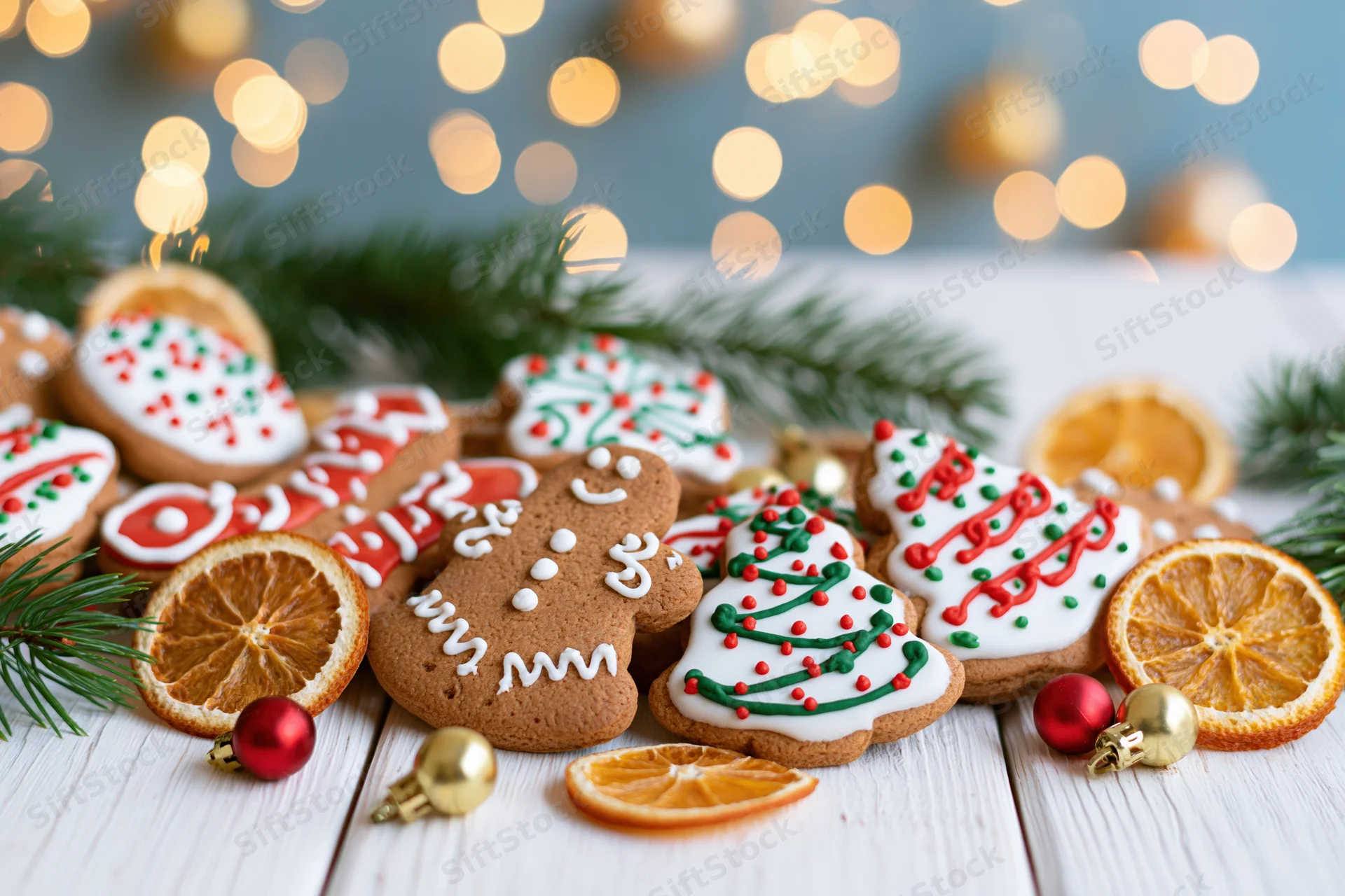 Gingerbread cookies decorated with icing and festive ornaments arranged on a white wooden table with pine branches and dried orange slices, blurred holiday lights in the background
